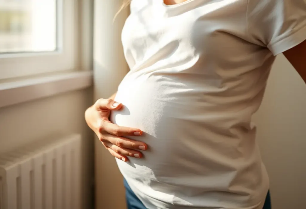Main focus sur une main lissant un vêtement sur le ventre enceinte