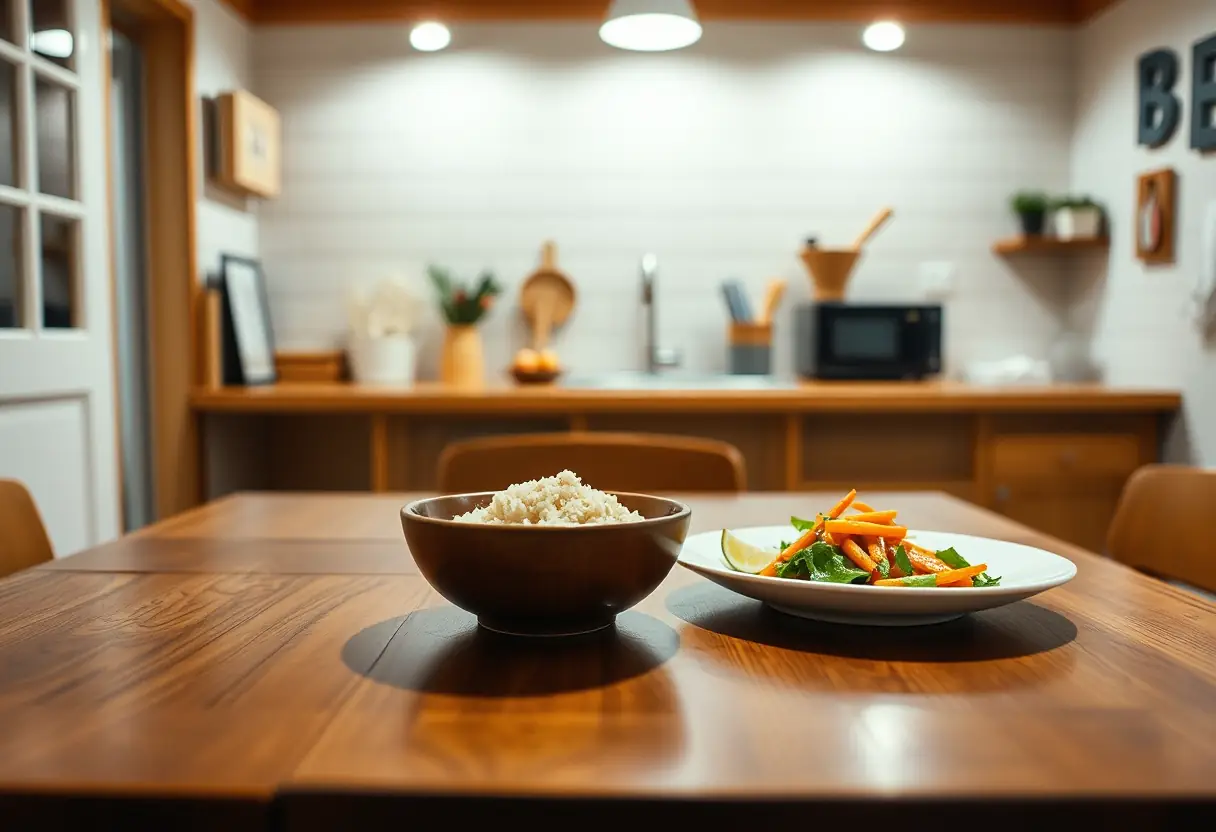 Table de cuisine avec repas simple et éclairage doux
