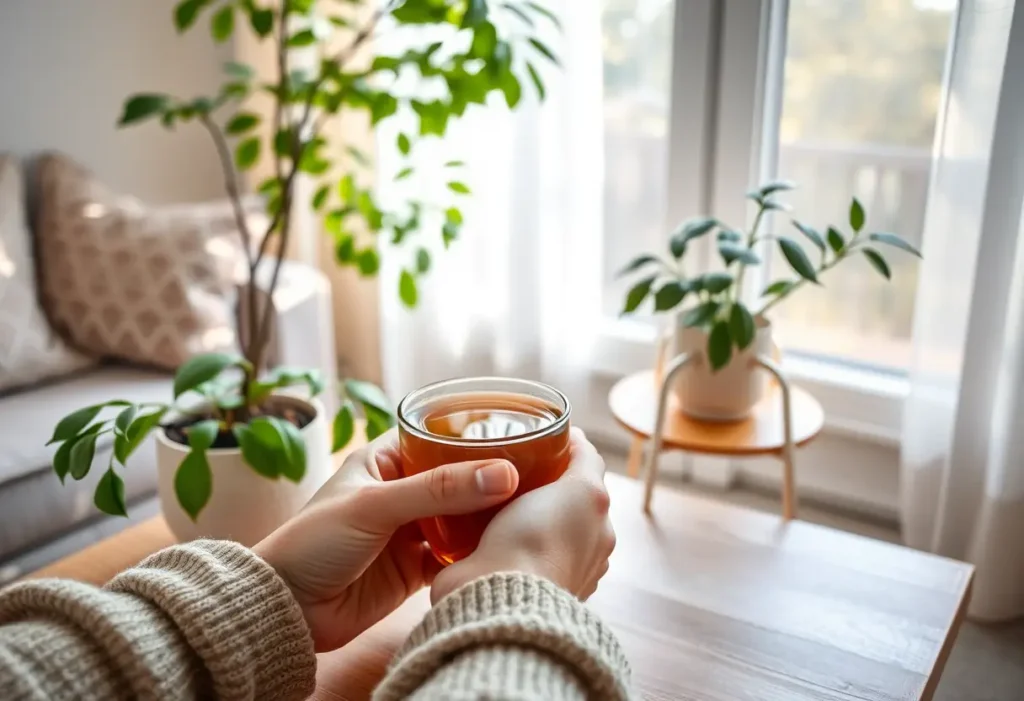 Mains tenant une tasse de thé aromatique sur une table en bois près d'un pot de plante dans un salon serein, sujet bien-être féminin