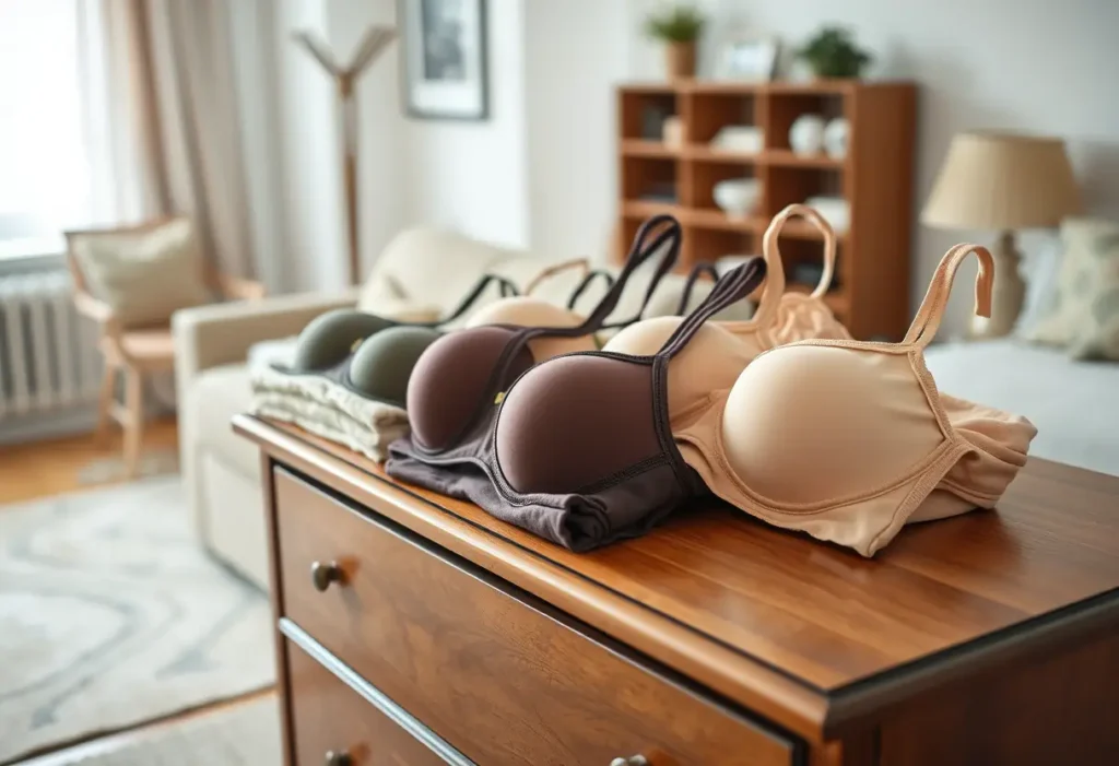 Dressoir en bois avec des soutiens-gorges pliés, dans une pièce douillette.