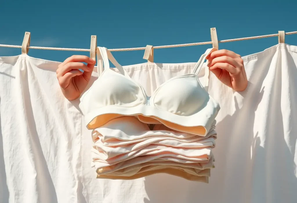 Mains arrangeant des soutiens-gorges en coton sur une corde à linge, soulignant le confort et la praticité du vêtement
