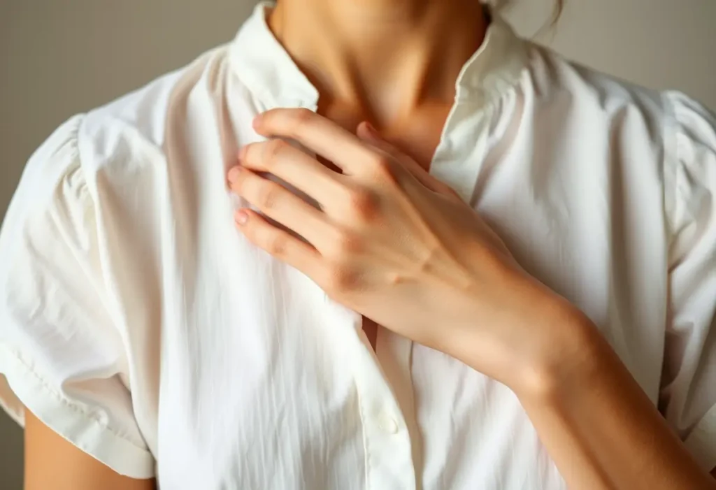 Main: une main féminine lisse un chemisier en coton, représentant le confort et l'acceptation de soi.