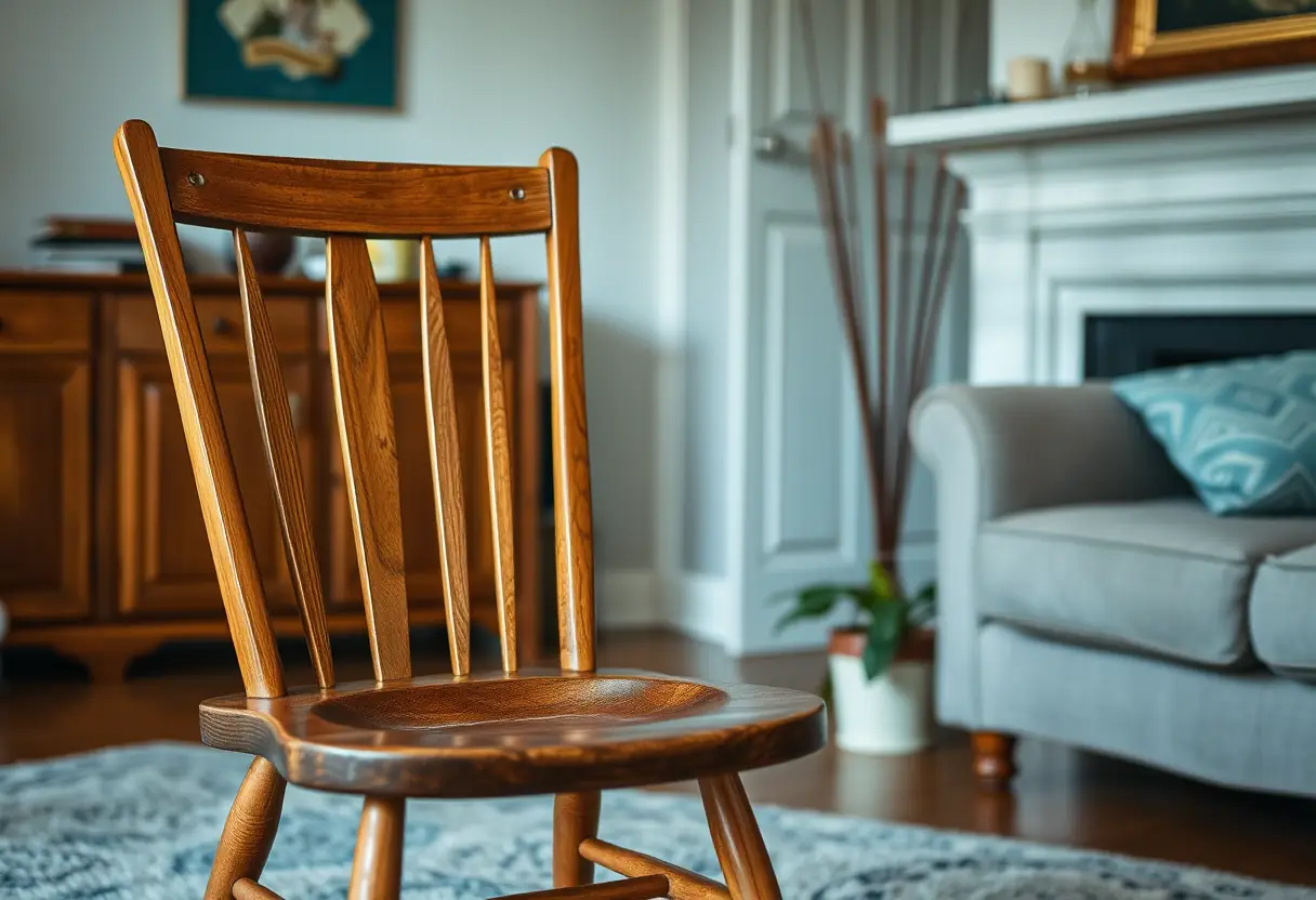 Texte alternatif : Un fauteuil en bois dans un salon, symbole des moments de réflexion et de repos.