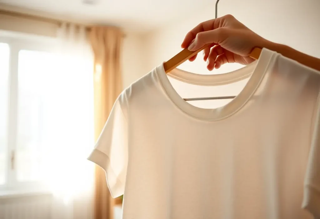 Une main pose délicatement un tee-shirt en coton sur un cintre dans une chambre baignée de lumière naturelle.