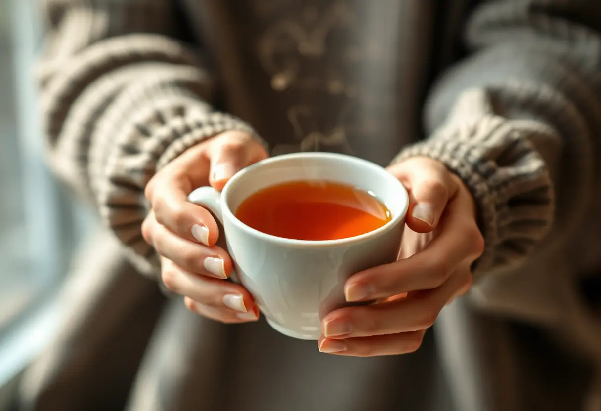 Des mains tenant une tasse de thé herbeux fumant, lumière naturelle