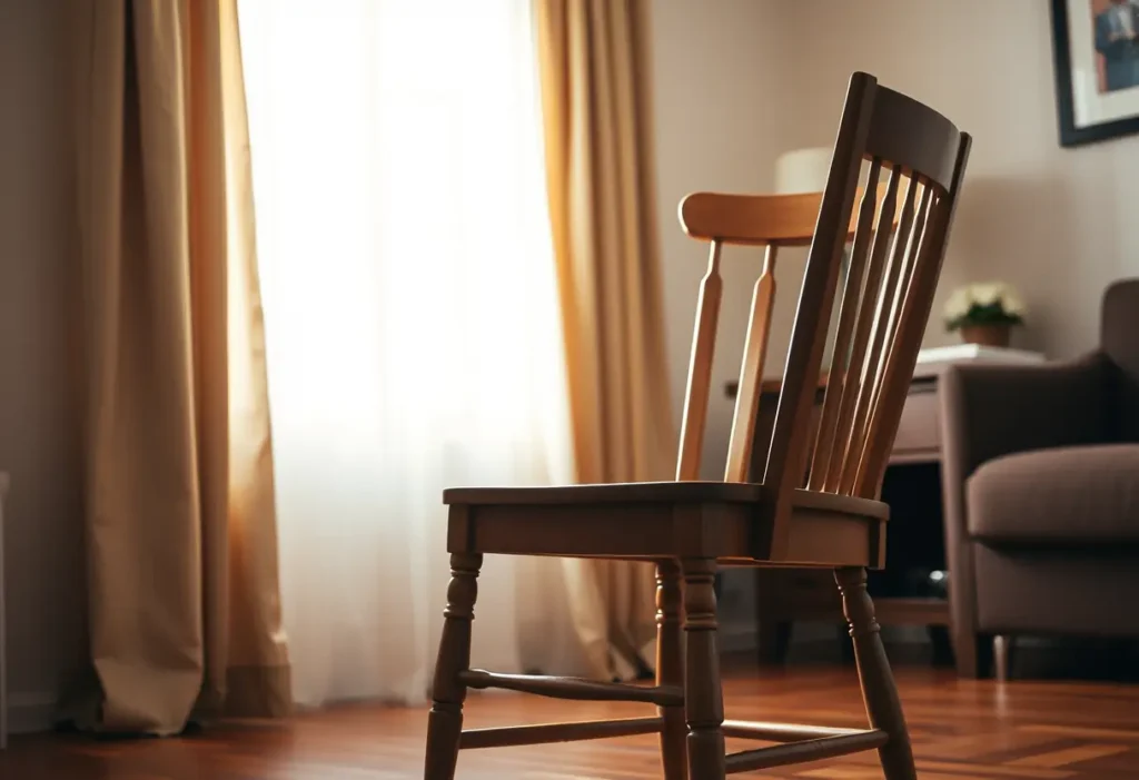 Alternative text : Un fauteuil vide dans un salon, symbole de liberté.