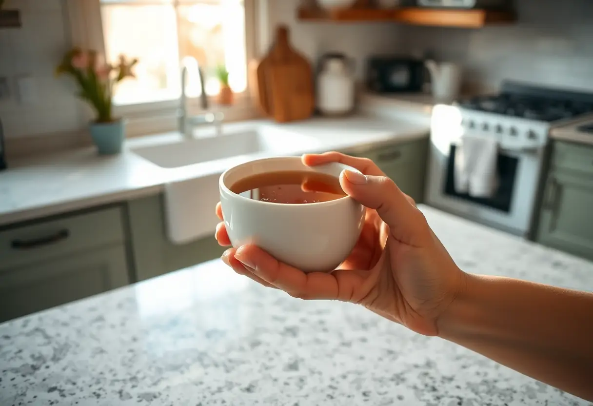 Texte alternatif : Des mains tenant une tasse de thé dans une cuisine apaisante.