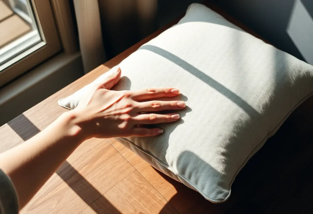 Une main féminine tenant un coussin recouvert de tissu sur une table en bois, illustrant le confort recherché dans l'article.