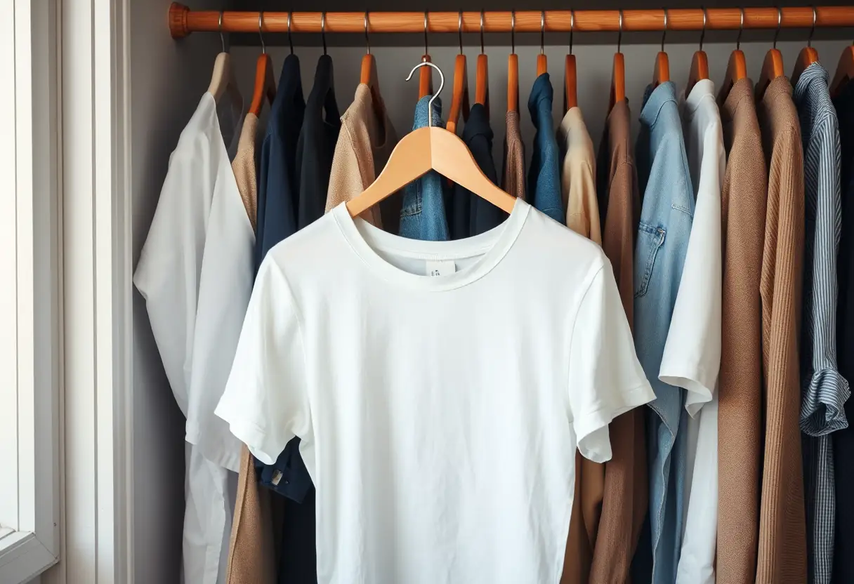 Un cintre en bois porte un simple tee-shirt blanc dans une penderie pleine de vêtements, illustrant la liberté de choix vestimentaire