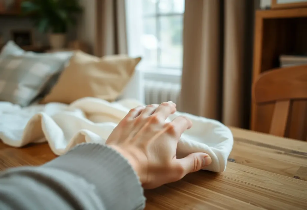 Une main féminine déplie doucement un tissu dans un intérieur accueillant, symbolisant la libération et le confort.