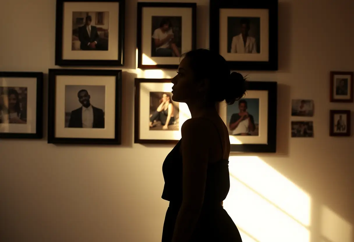 Un profil flou d'une femme devant un mur de photos, illustrant son parcours vers l'acceptation de soi.