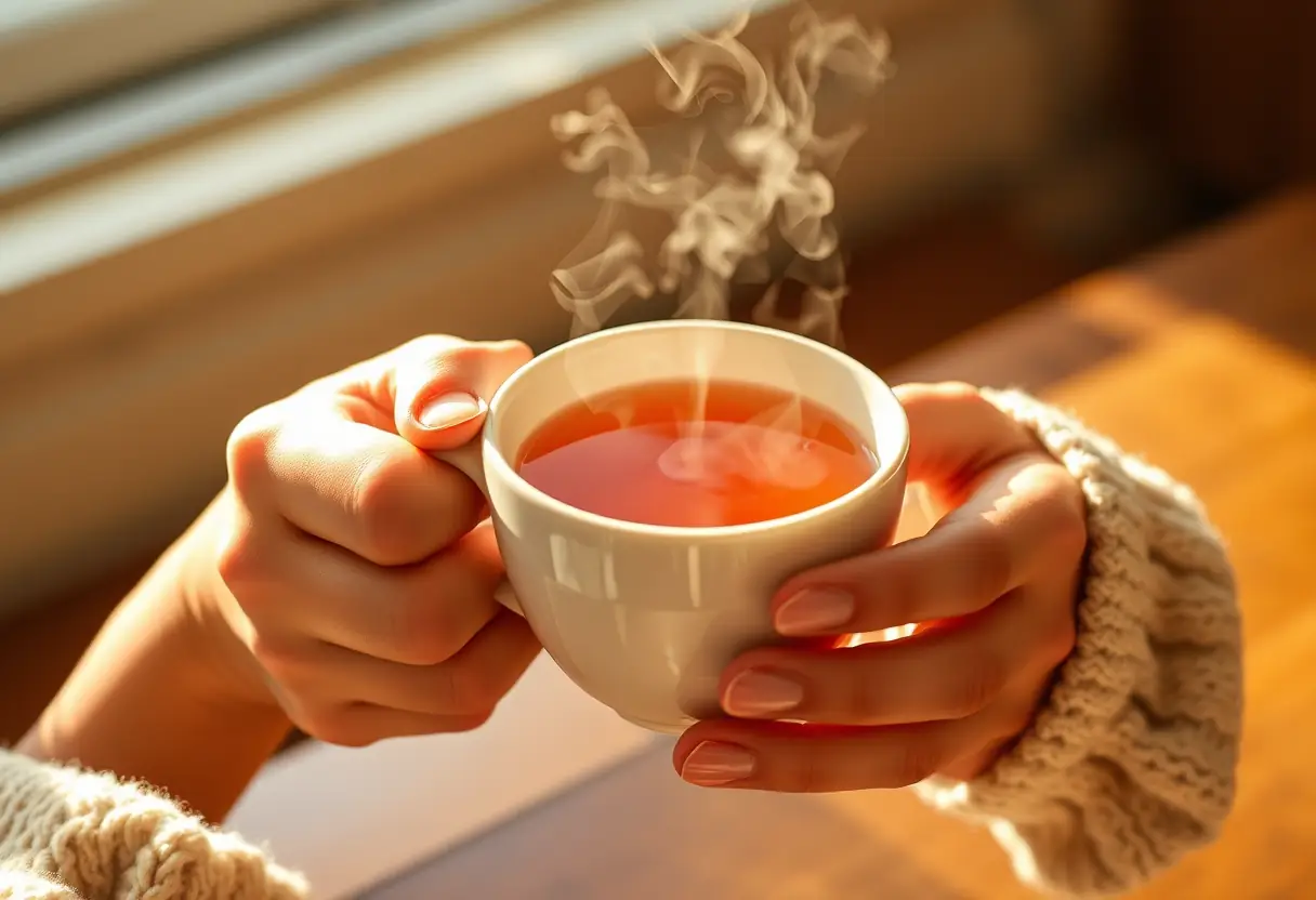 Des mains tiennent une tasse de thé chaud aux herbes, représentant le bien-être et la détente.