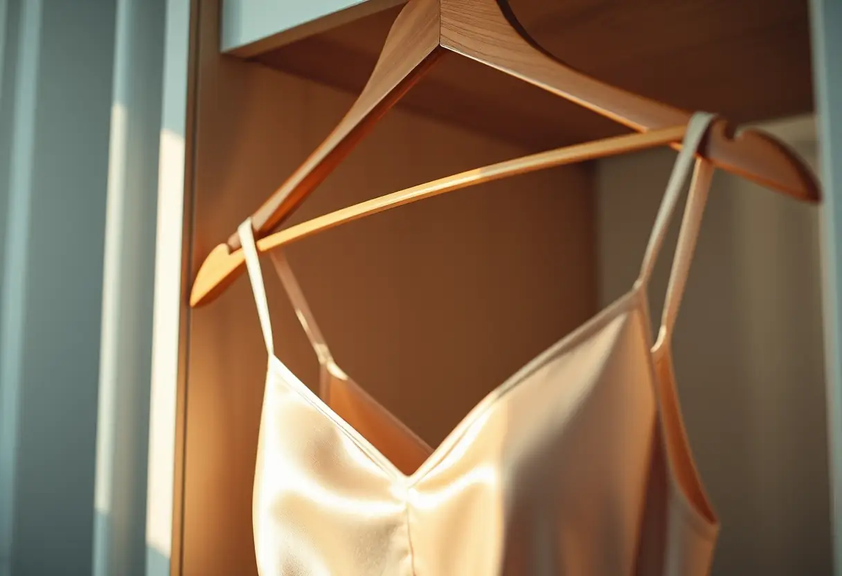Un porte-vetement en bois accueillant un brassière en soie