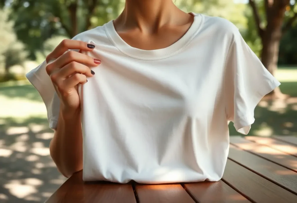 Une main féminine tient délicatement un T-shirt en coton, symbole de confort et de liberté.
