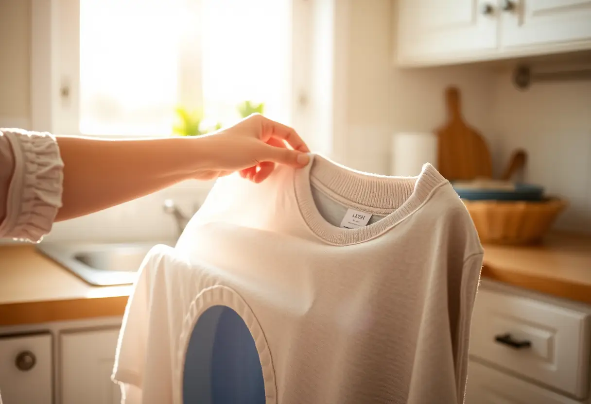 Une main féminine plie délicatement le linge dans une cuisine baignée de lumière, symbolisant confort et liberté.