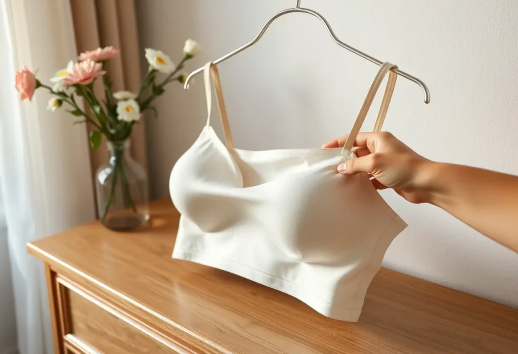 Une main lisse le tissu d'un soutien-gorge sans armature posé sur une commode de chambre, ornée d'un vase simple de fleurs
