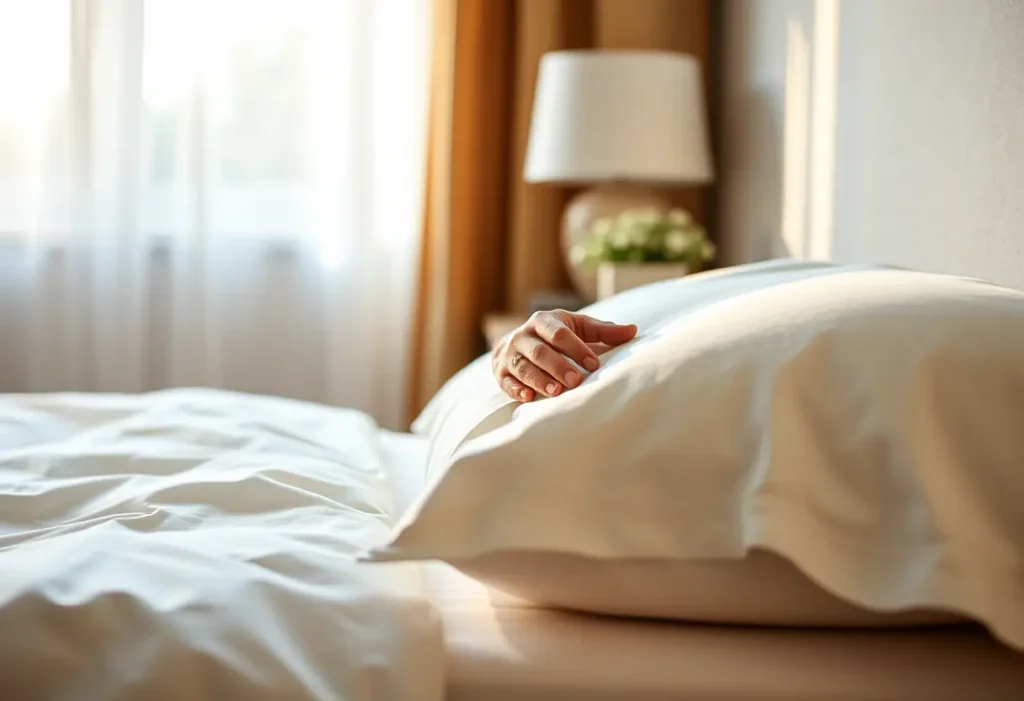 Une main féminine étale délicatement un couvre-lit en coton près du lit, symbolisant le confort et le bien-être.