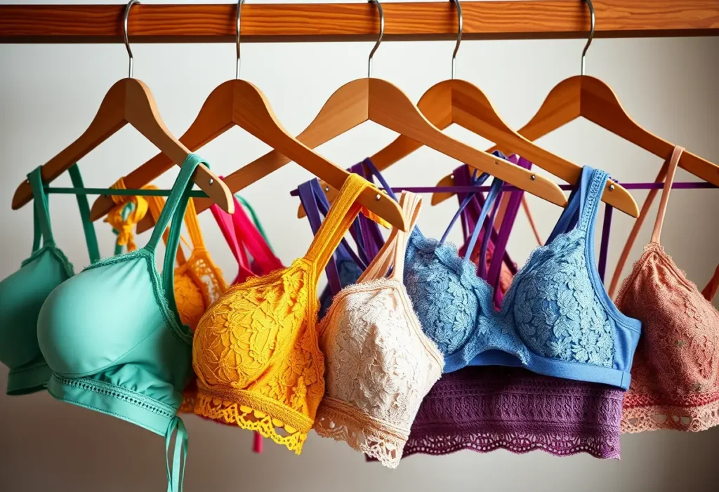 Un cintreuse en bois accueillant divers soutiens-gorge aux couleurs et styles variés, illustrant la diversité des choix