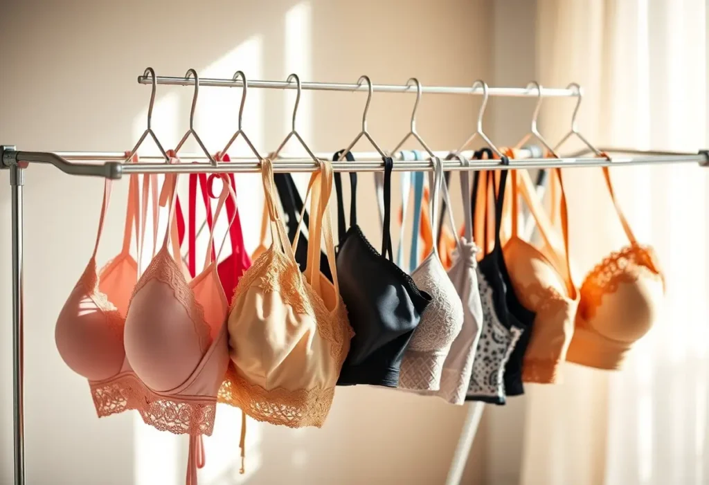 Un porte-vêtements en fer expose divers soutiens-gorges, soulignant la diversité des choix disponibles.