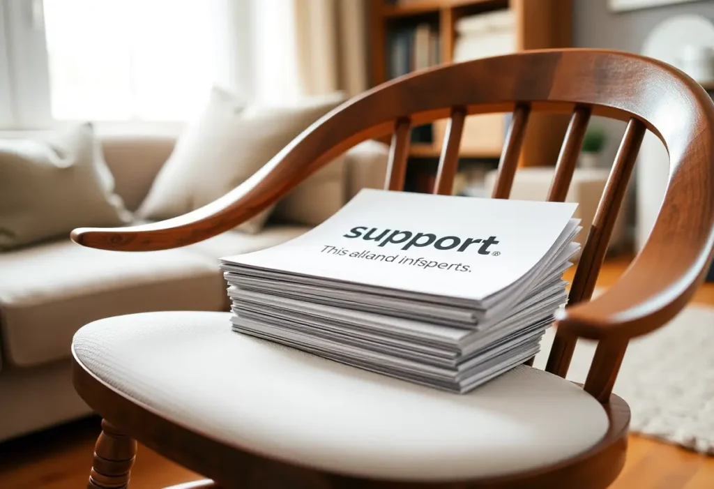 Un fauteuil en bois dans un salon accueillant, avec des brochures imprimées posées dessus, représentant soutien et information.