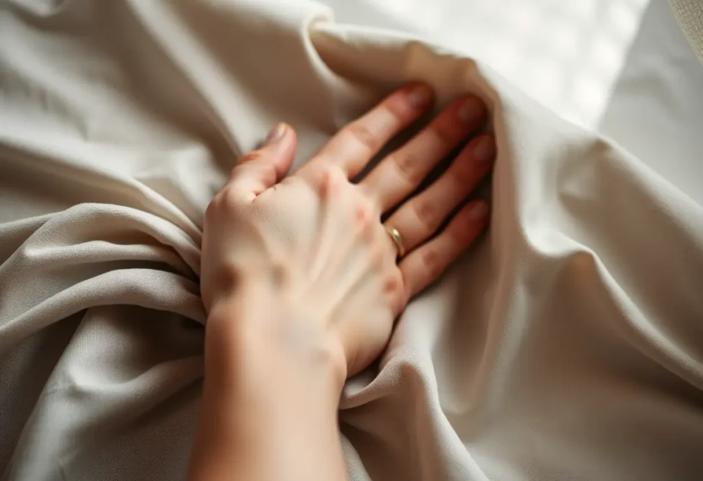 Une main féminine lissant doucement un morceau de tissu, symbolisant confort et soutien.