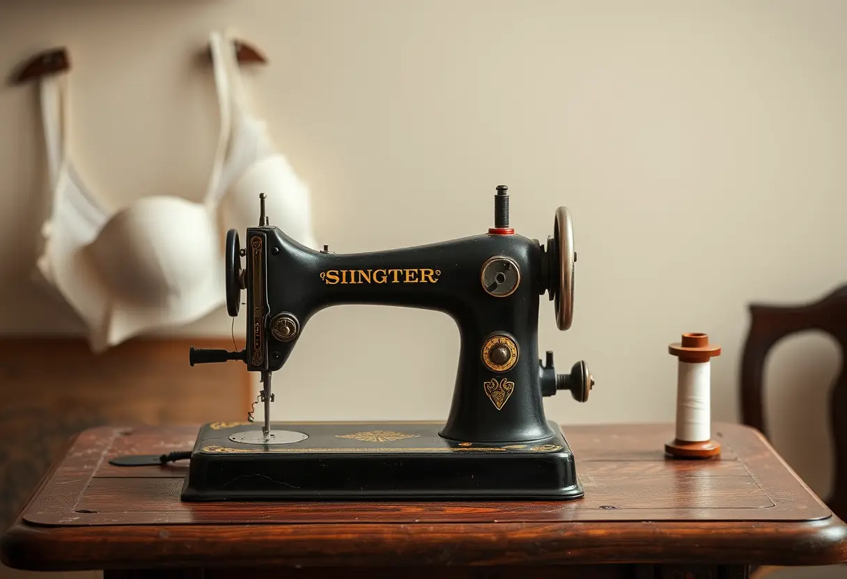 Une machine à coudre ancienne sur une table, avec des bobines de fil prêtes, évoquant l'histoire et l'artisanat des soutiens-gorge.