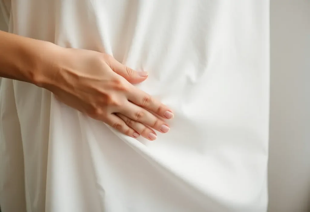 Une main féminine lissant doucement un tissu, symbolisant le confort et le soutien.