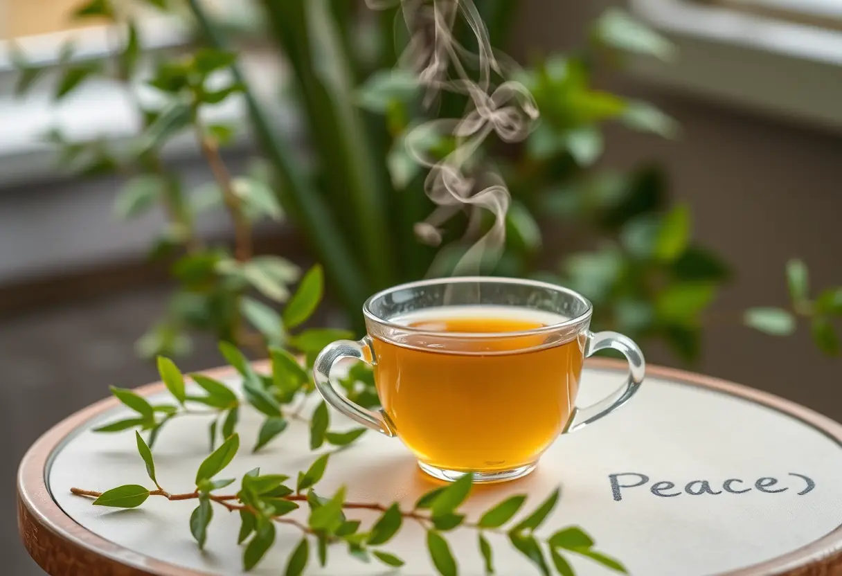 Une tasse de thé herbeux fumant sur une petite table entourée de verdure, évoquant la paix et la prise en charge de soi.
