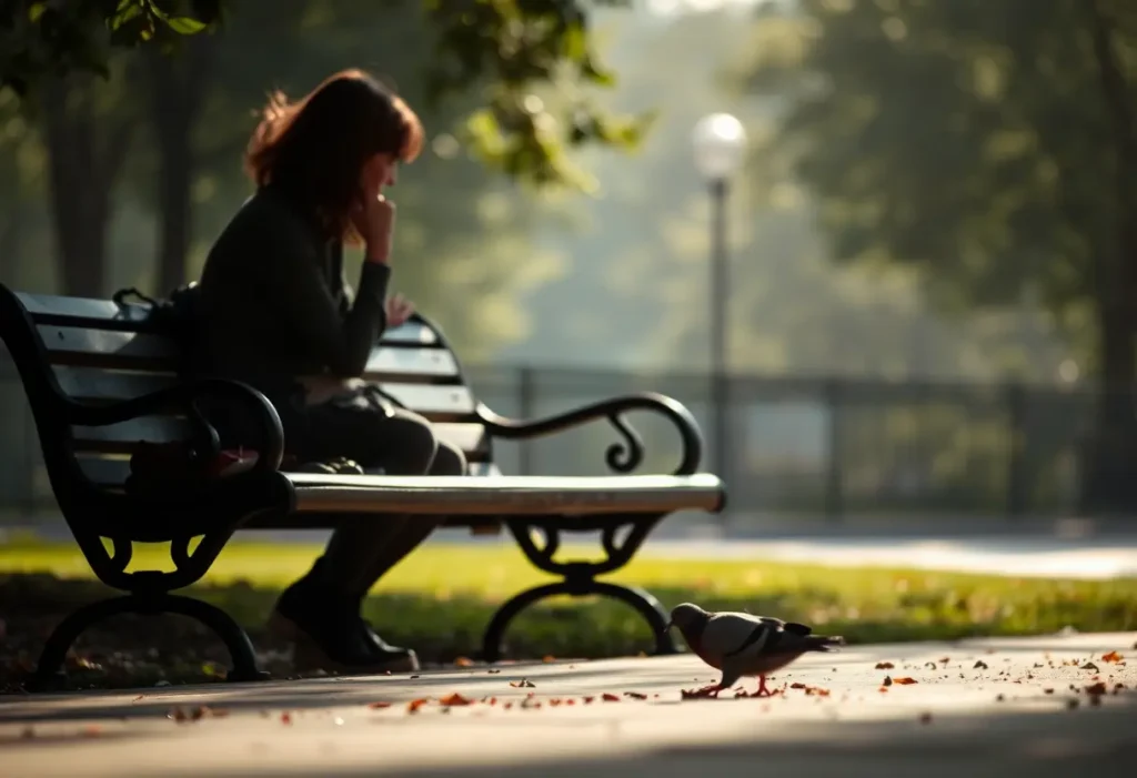 Vue: un profil féminin assis sur un banc de parc observant une colombe picorer des miettes