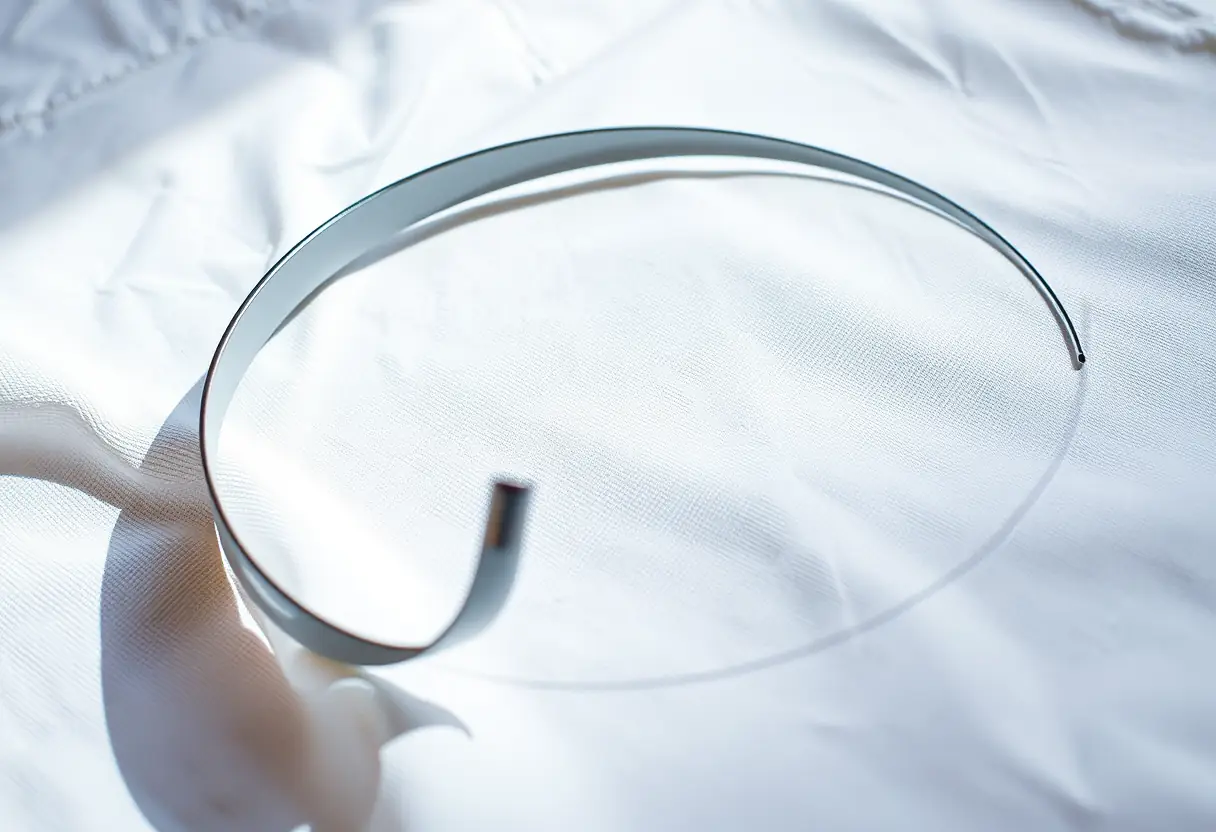 Un fil de fer métallique souple posé sur un tissu blanc, éclairé naturellement.
