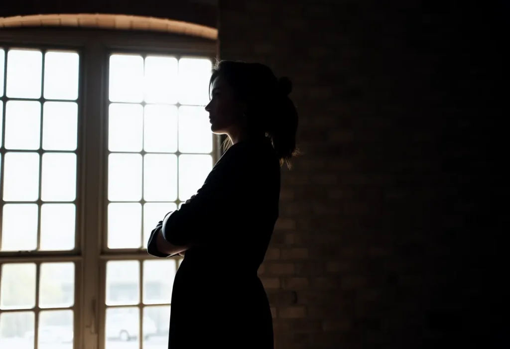 Silhouette de femme debout contre un mur de brique, contemplant une fenêtre inondée de lumière