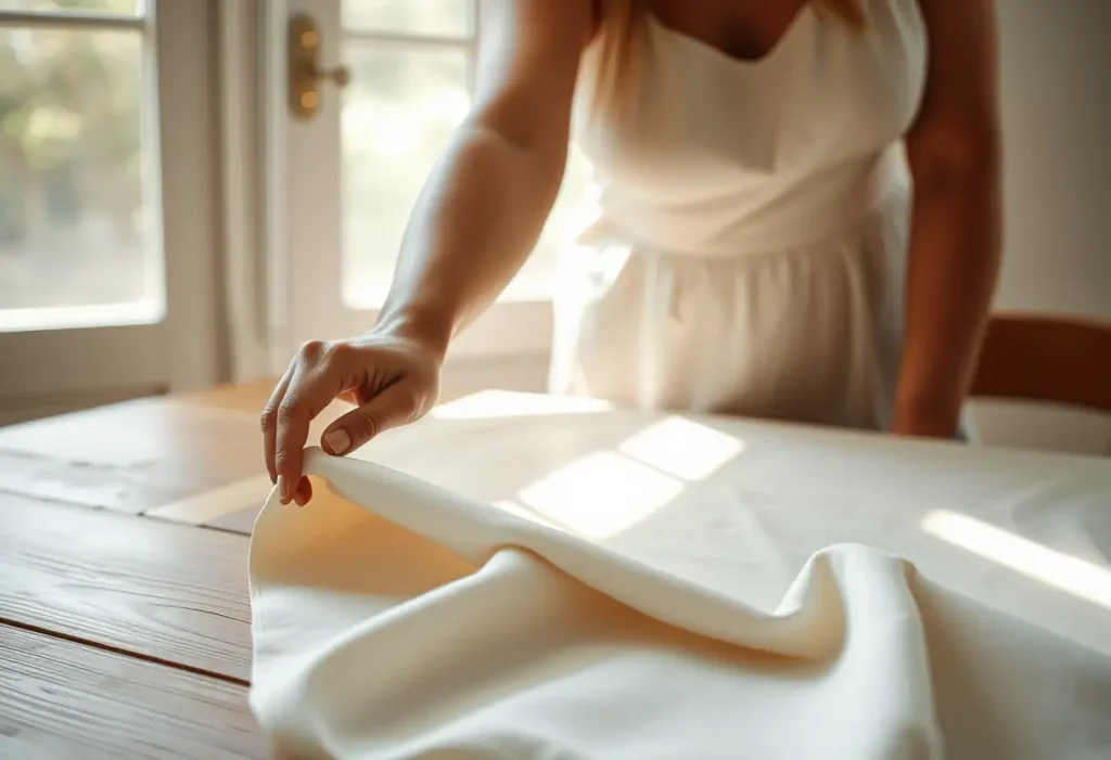 Main de femme ajustant doucement un tissu sur une table