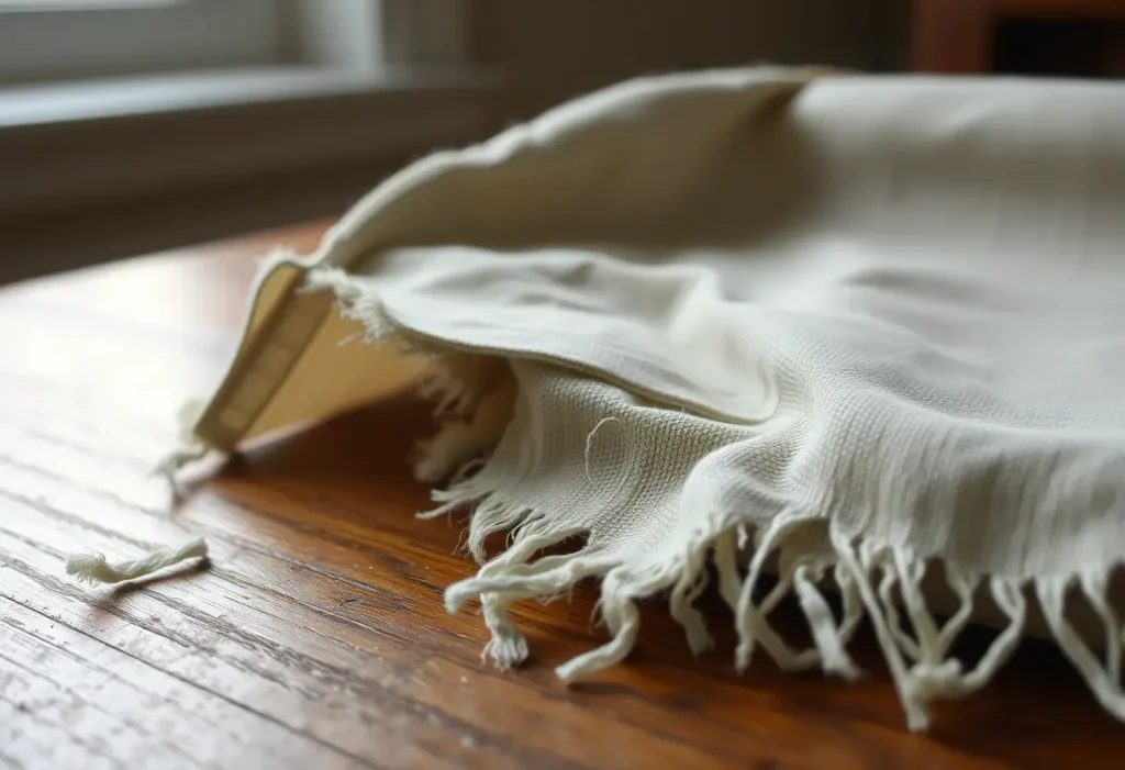 Une languette métallique dépasse d'un tissu usé sur une table, liée au sujet de l'article sur les soutiens-gorge.
