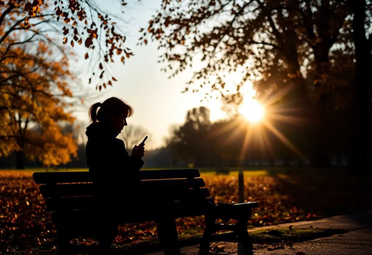 Banc: une femme assise sur un banc regardant son téléphone sous la lumière du soleil