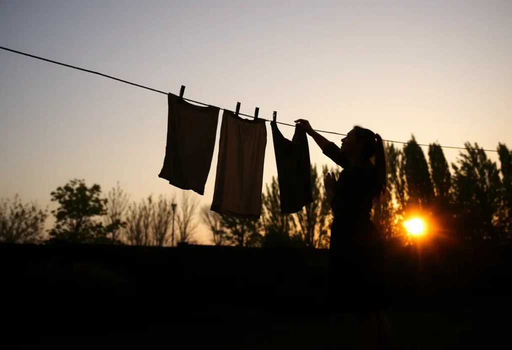 Un silhouette féminine qui étend du linge dans un jardin arrière avec le soleil couchant