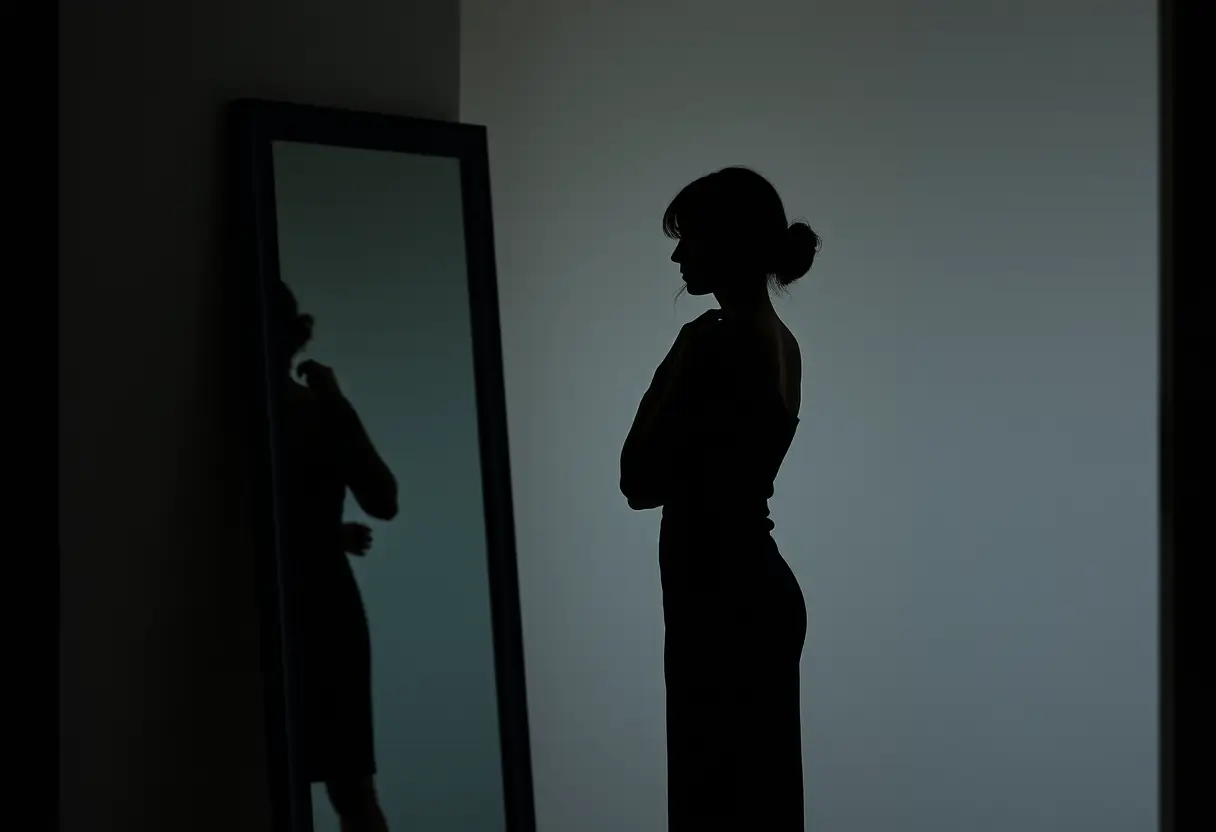 Un profil féminin se regardant dans un miroir, ajustant sa posture et observant sa silhouette