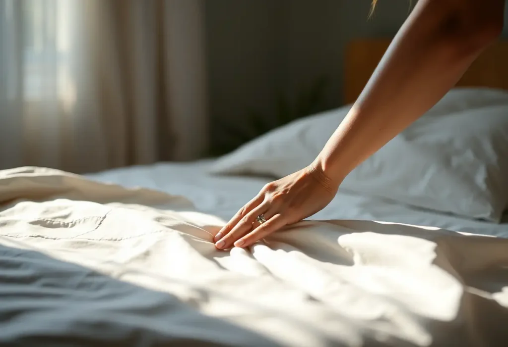 Main: Une main effleure doucement un drap, symbolisant l'apaisement et la détente.
