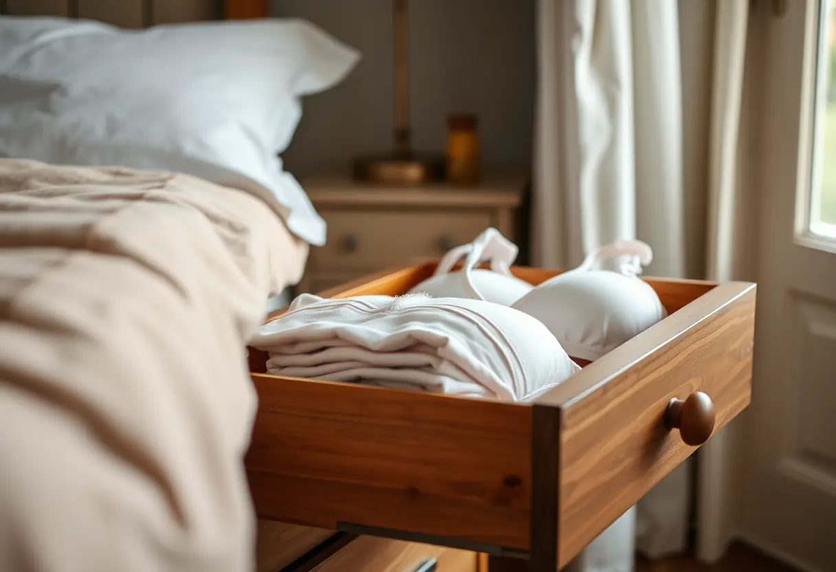 Alt Text: Un tiroir de commode ouvert révèle des soutiens-gorges pliés, illustrant l'organisation et le soin apporté aux vêtements quotidiens.