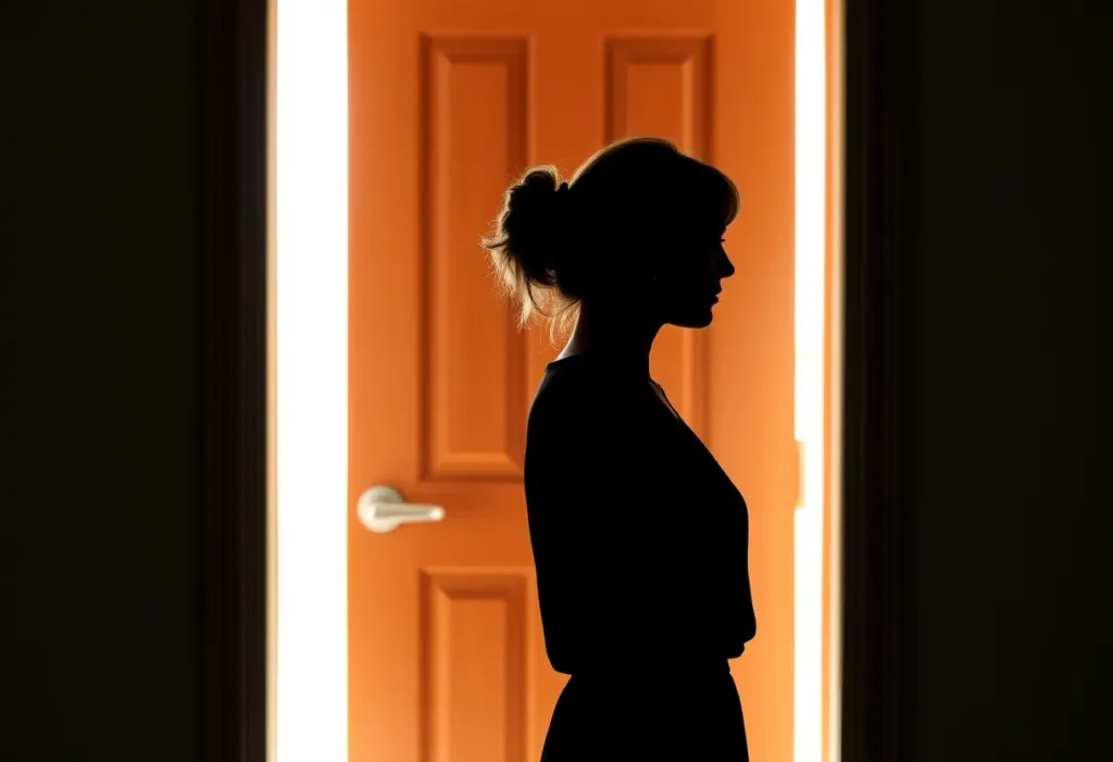 Silhouette de femme devant un chambranle en bois, représentant le choix personnel et l’épanouissement