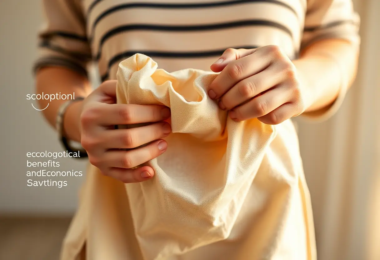 Mains pliant un morceau de tissu dans un sac réutilisable, illustrant les bénéfices écologiques et économiques