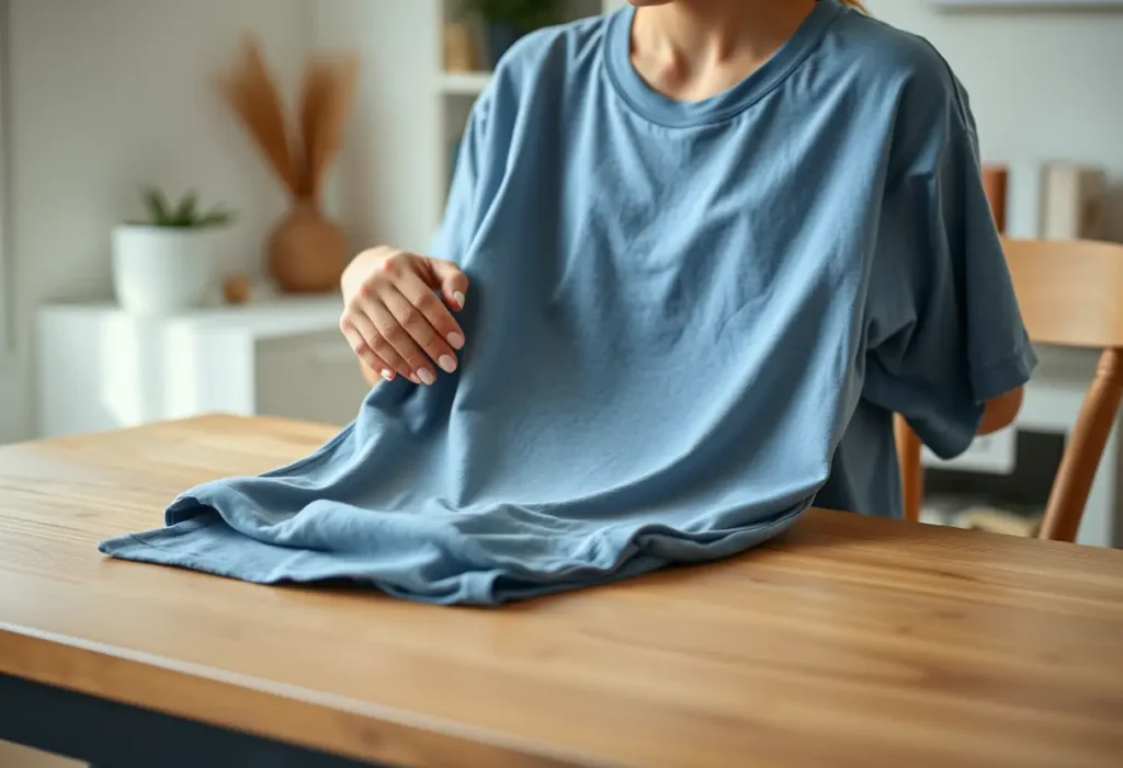 Main: une main féminine lissant délicatement un t-shirt en coton sur un bureau chaleureux, symbolisant confort et simplicité