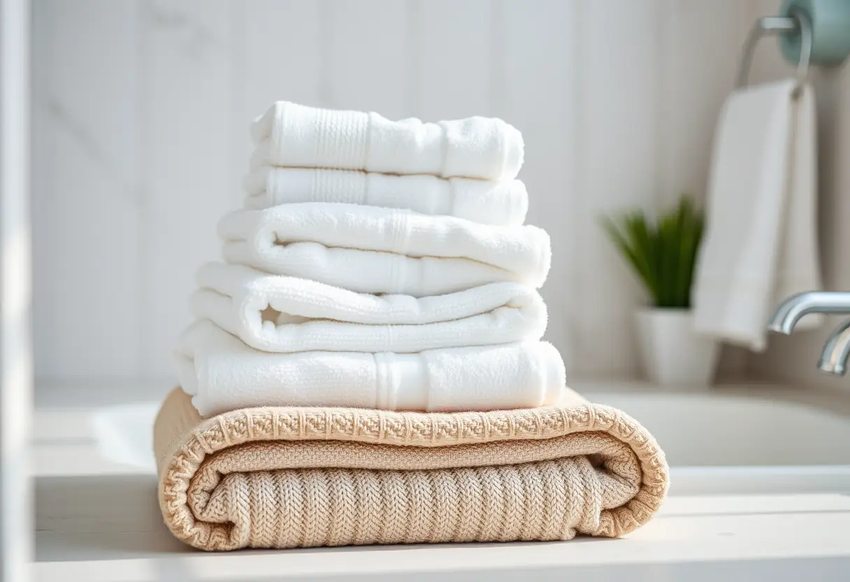 Main: une pile de serviettes soigneusement pliées dans une salle de bains, représentant propreté et auto-soin
