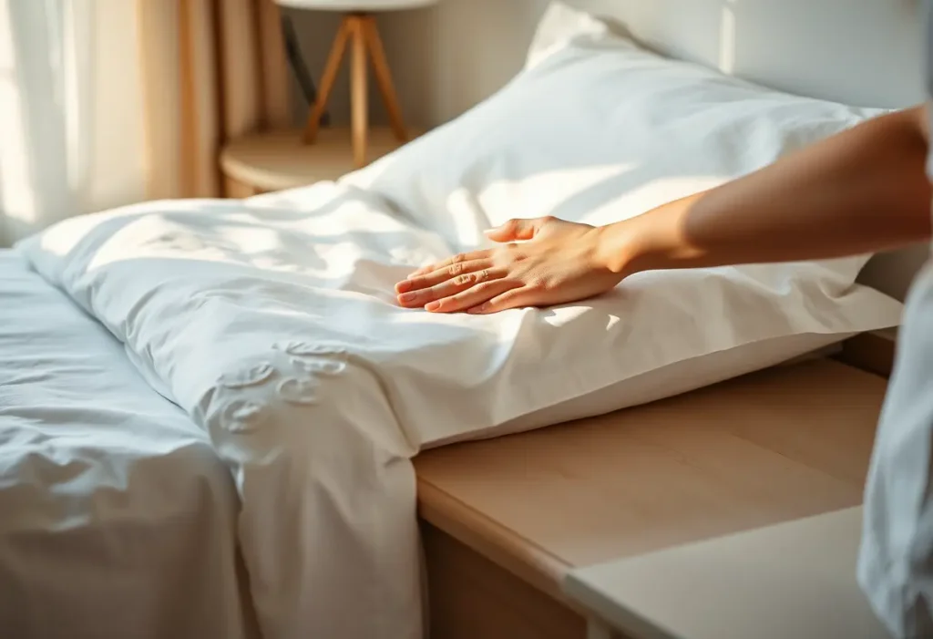 Main: Une main féminine repousse délicatement une taie d'oreiller en coton sur une commode, lumières du soir.
