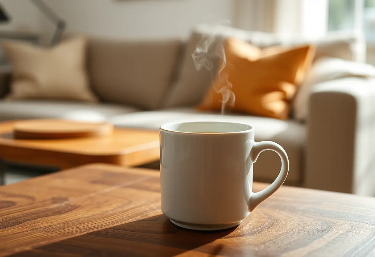 Texte alternatif : Vue rapprochée d'une tasse de thé aux herbes posée sur une table en bois, vapeur qui monte doucement, ambiance apaisante.