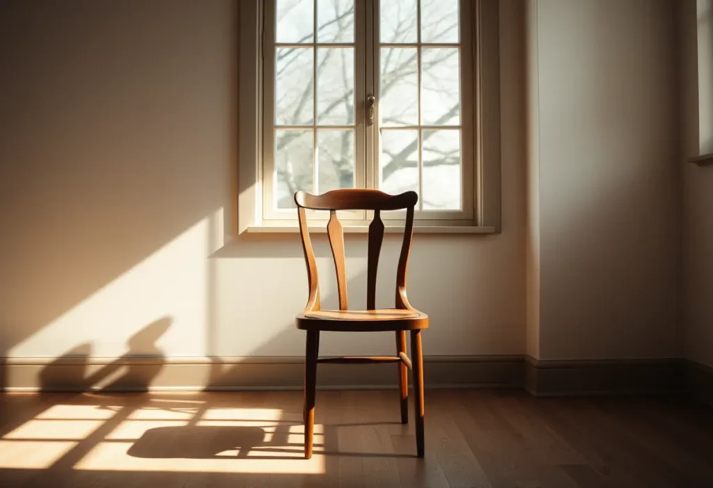 Chaise en bois dans une pièce éclairée par la lumière du soleil, symbole de réflexion sur les choix personnels.
