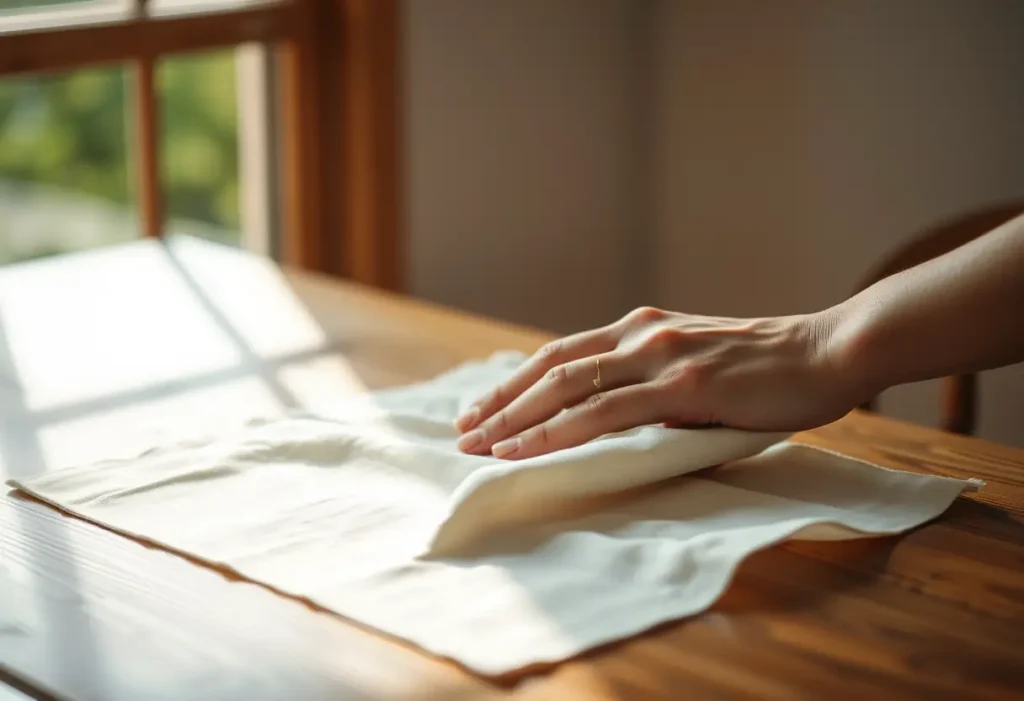 Main de femme lisant un morceau de tissu en lin, sujet de l'article sur le soutien-gorge