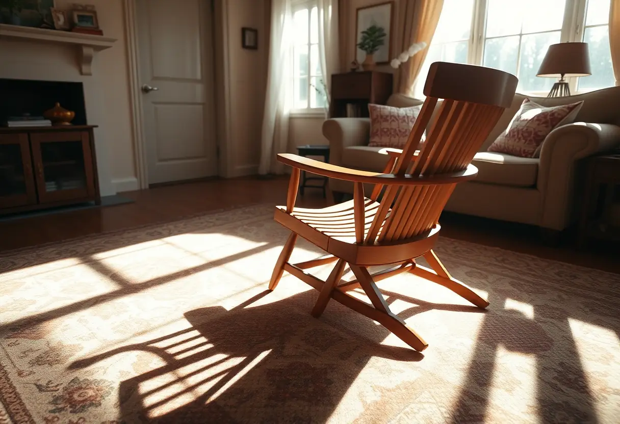 Chaise en bois dans un salon accueillant, lumière naturelle soulignant la douceur du sujet sur le soutien-gorge