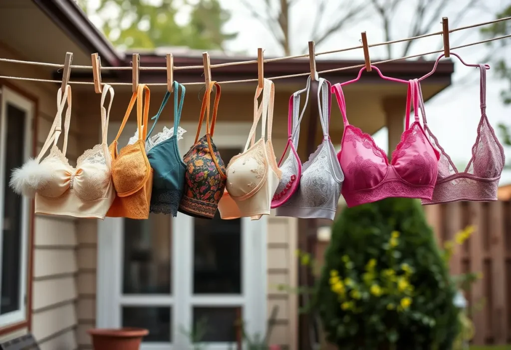 Des soutiens-gorge suspendus sur une corde à linge, montrant l'évolution et la diversité des modèles