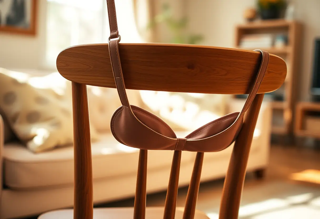 Un bretelle de soutien-gorge passant autour du dossier d'une chaise en bois dans un salon accueillant