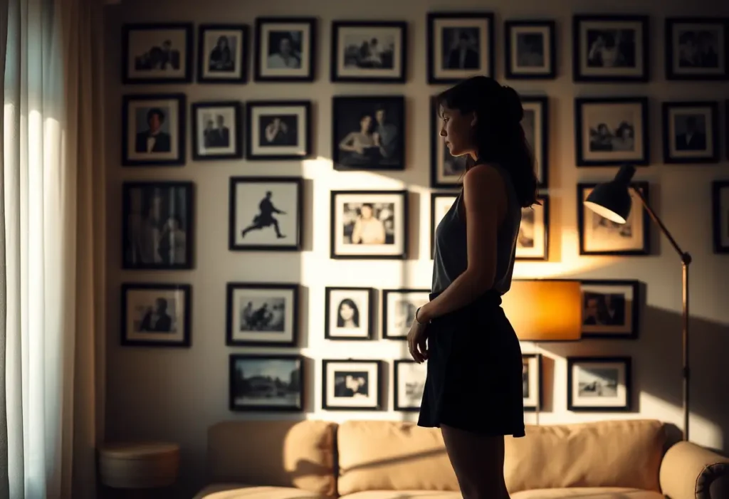 Un profil de femme se reflétant contre un mur couvert de photos encadrées dans un salon chaleureusement éclairé